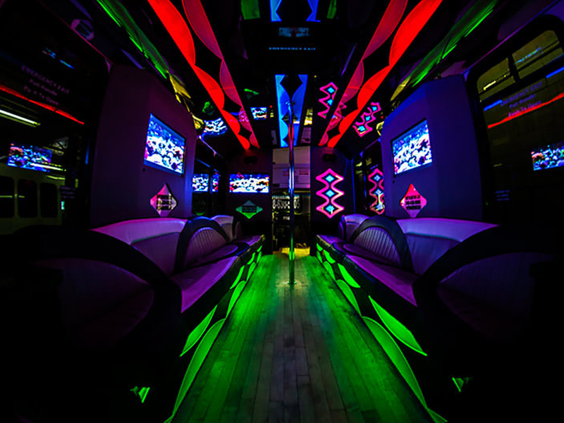 Colorful charter bus interior